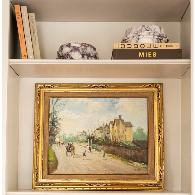 A sunlit village street in the French Impressionist manner: a horse-drawn carriage makes its way down a pale, dusty road...