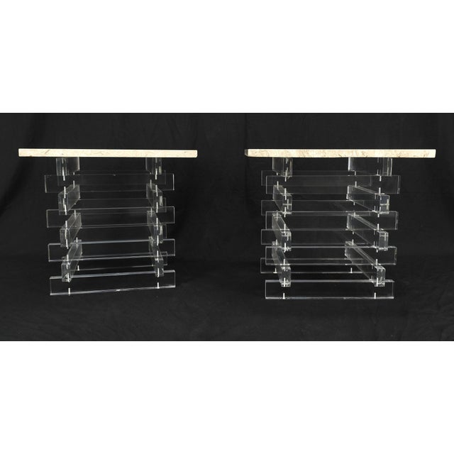 Cream Pair Stacked Lucite Square Marble Travertine Tops End Side Occasional Tables For Sale - Image 8 of 11