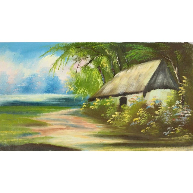 An exemplary oil on canvas painting It features a characteristic Ecuadorian water side landscape, a sea coast or the shore...