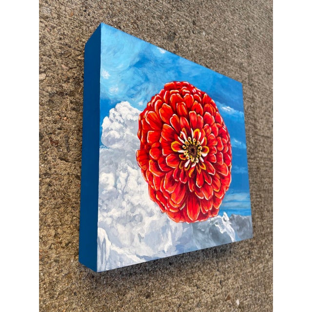 Contemporary Zinnia Sky by Alexandrea Pangburn | Acrylic paint on wood panel Red zinnia flower against a blue sky. For Sale - Image 3 of 4