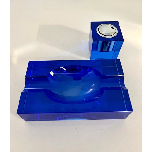 Glass Mid 20th Century Italian Cobalt Blue Crystal Glass Cigar Ashtray - Set of 2 For Sale - Image 7 of 13