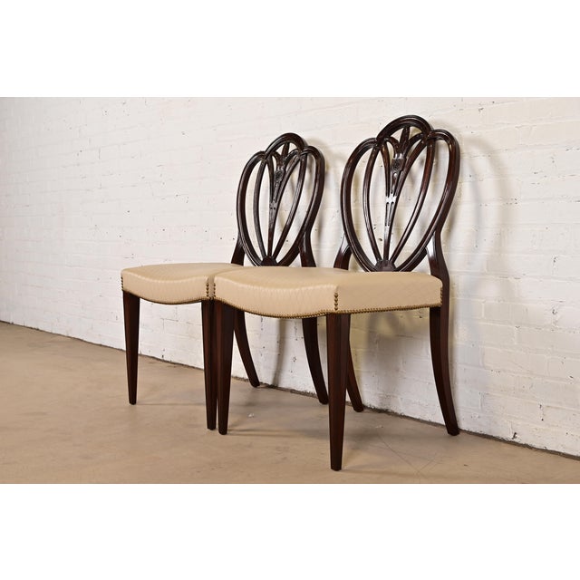 English Baker Furniture Style Georgian Carved Mahogany Shield Back Side Chairs or Dining Chairs, Pair For Sale - Image 3 of 12