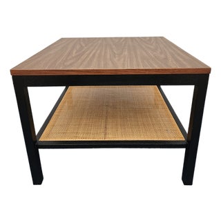 Square Black and Rattan Faux Walnut Top Side Table For Sale
