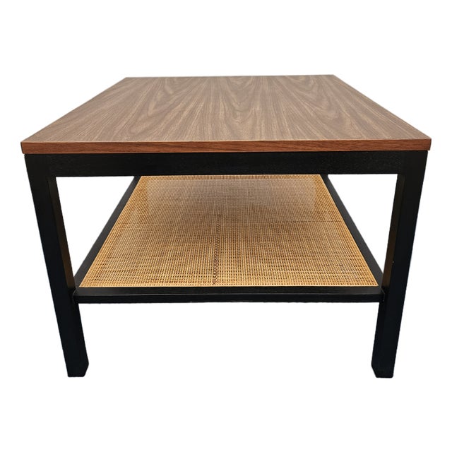 Square Black and Rattan Faux Walnut Top Side Table For Sale