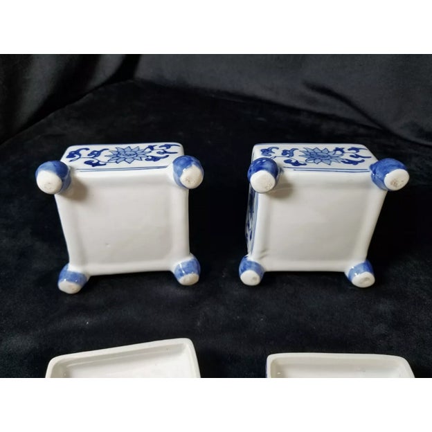 Mid 20th Century Mid 20th Century Footed Chinese Blue and White Lidded Boxes - a Pair For Sale - Image 5 of 6