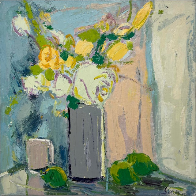 A soft and expressive original oil painting on canvas depicting a loose bouquet of pale yellow and cream florals arranged...
