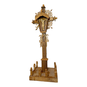 Vintage Hand Carved Wood Tramp Art Style Religious Altar Crucifix Altar Cross