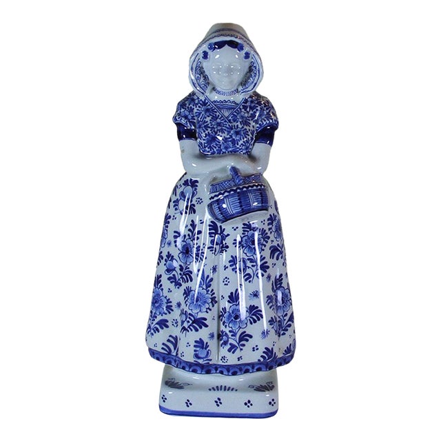 1960’s Vintage Delft Figurine-Peasant, With Blue Floral Decoration For Sale