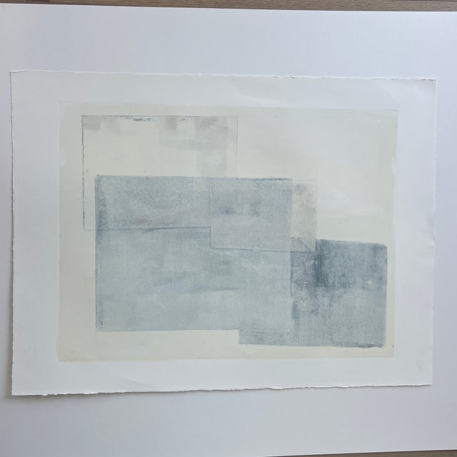 Original Minimal Abstract Monotype Artwork, Unframed Pale blue and ivory Artist signed on verso Art sight is 18 x 24 Paper...