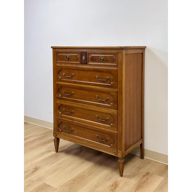 Mid-Century Modern Vintage Thomasville Transitional Tallboy Dresser, Burlwood Accents, MCM Casegood For Sale - Image 3 of 18