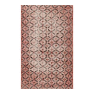 Vintage Distressed Rug, Pink and Green Geometric Floral Pattern - Rug & Kilim For Sale