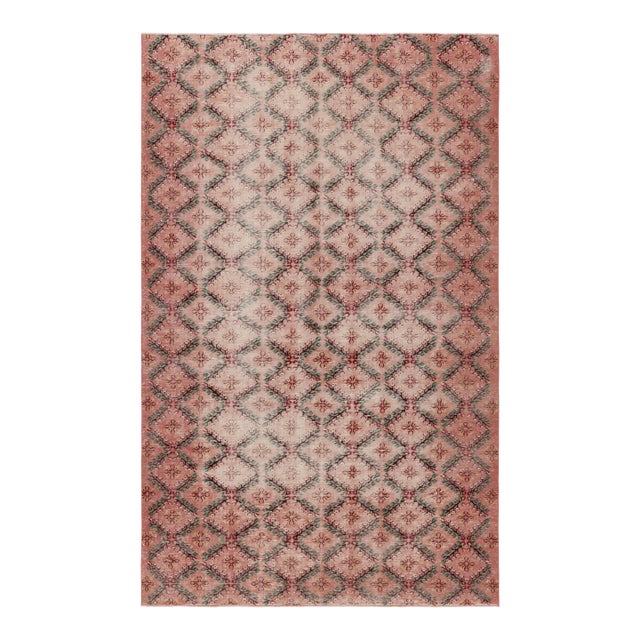 Vintage Distressed Rug, Pink and Green Geometric Floral Pattern - Rug & Kilim For Sale