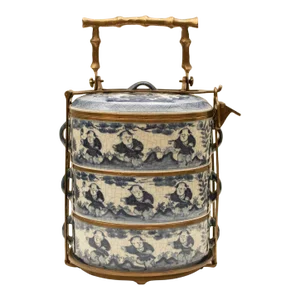 Late 20th Century Ming Style Chinese Porcelain Blue & White Bowls With Brass Holder, Reproduction