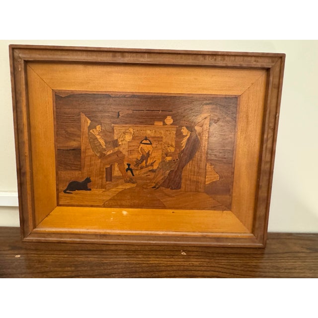 A charming set of four vintage wood marquetry wall art panels, marked ARP & dated 1965 on verso, beautifully handcrafted...