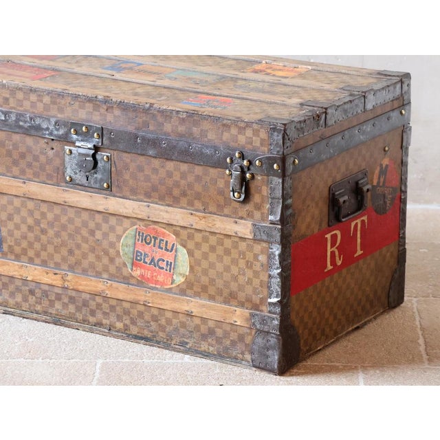 Antique Damier Steamer Trunk with Hotel Labels and Initials from Louis Vuitton, 1890s For Sale - Image 12 of 15