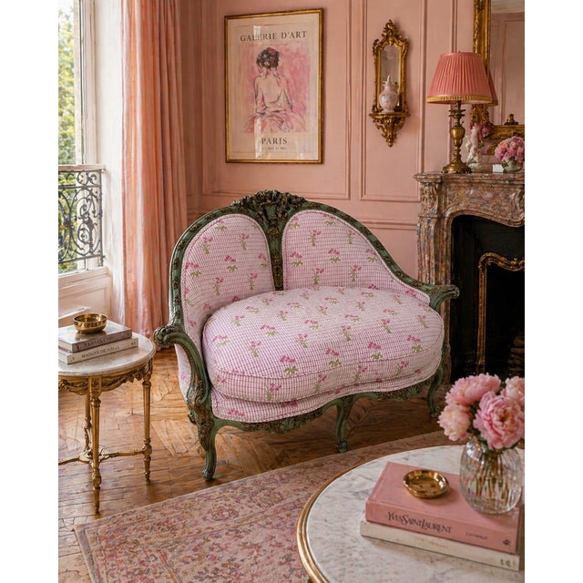 Antique French-Style Settee With Pink & Green Floral Upholstery For Sale - Image 9 of 9