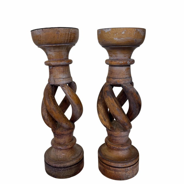 Vintage Hand carved open barley twist candlestick holders. Intentional aged finish. Made in India. Measure 5” diameter x...