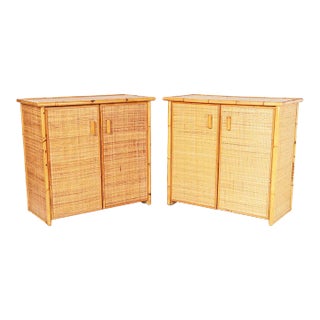 Pair of Mid-Century Bamboo and Grasscloth Cabinets or Servers For Sale