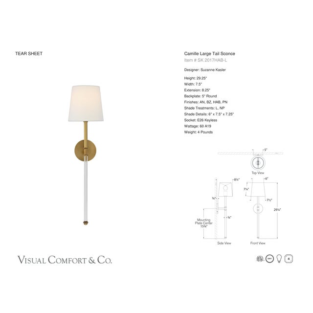 Modern Suzanne Kasler for Visual Comfort Signature Camille Large Tail Sconce in Hand-Rubbed Antique Brass with Linen Shade For Sale - Image 3 of 4