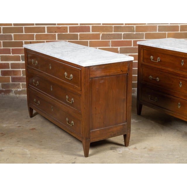 Pair of French 19th Century Three-Drawer Walnut Commodes with White Marble Tops For Sale - Image 11 of 12