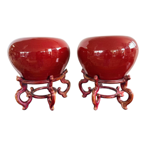 Pair of Large Chinese Red Oxblood Porcelain Urns Jardinieres on Carved Stands