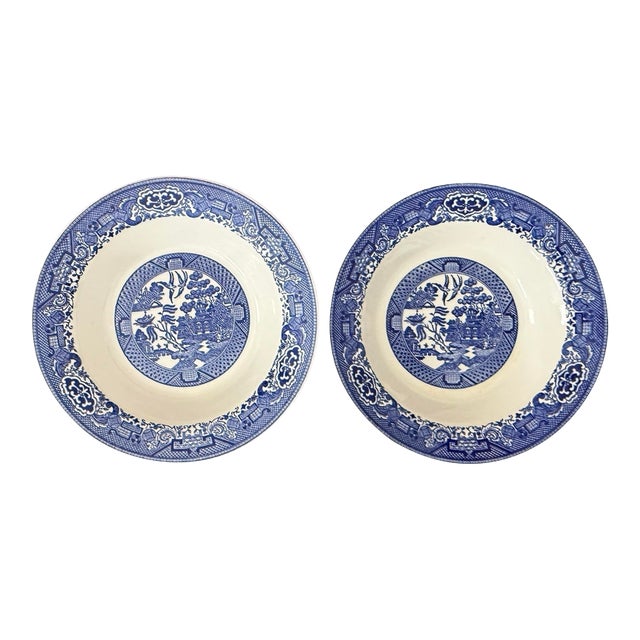 1960s Blue Willow Serving 9 1/8” Bowls in Royal Ironstone Willow Ware by Royal China - Set of Two (2) For Sale