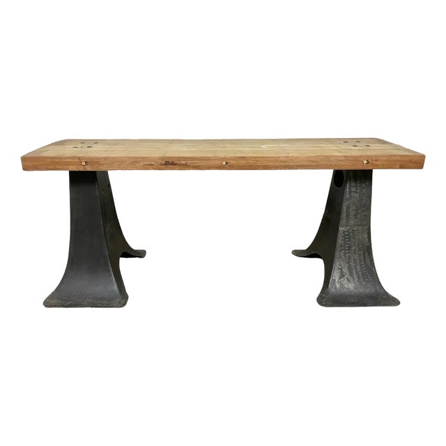 Industrial Bench in Spruce and Glass For Sale