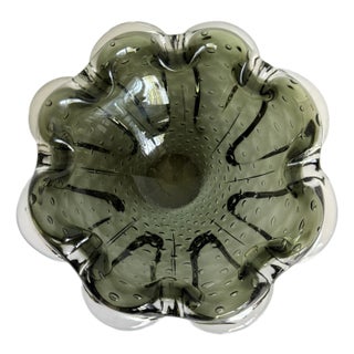 Murano Style Olive Green Bullicante Art Glass Bowl Trinket Dish Ashtray For Sale