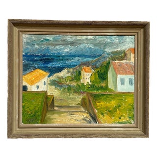 Coastal Landscape with House, 1950s, Oil Painting on Panel, Framed For Sale