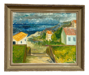 Coastal Landscape with House, 1950s, Oil Painting on Panel, Framed