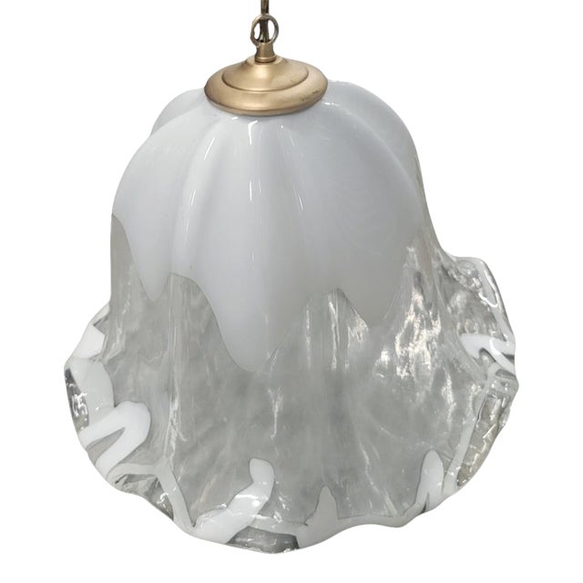 Vintage Murano Glass Opaline White Clear Ruffled Tulip 1 Light Chandelier Fixture For Sale