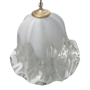 Vintage Murano Glass Opaline White Clear Ruffled Tulip 1 Light Chandelier Fixture