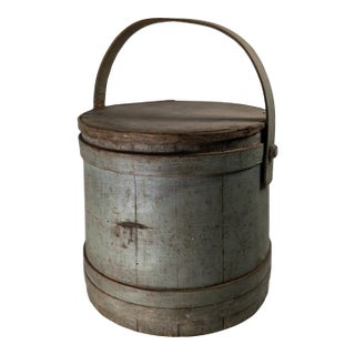 19th Century Rustic Primitive Farmhouse Grey Green Painted Firkin Bucket For Sale