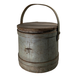 19th Century Rustic Primitive Farmhouse Grey Green Painted Firkin Bucket