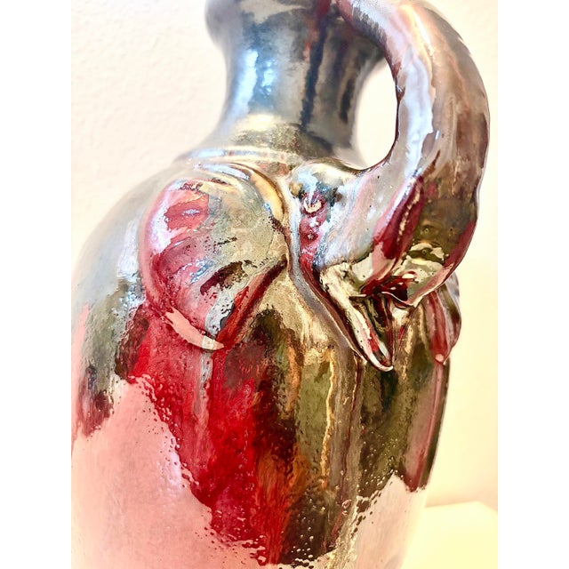 Vintage Oxblood Amphora Vase, Art Deco Red Elephant Handle, Cobalt Drip Glaze For Sale - Image 12 of 12