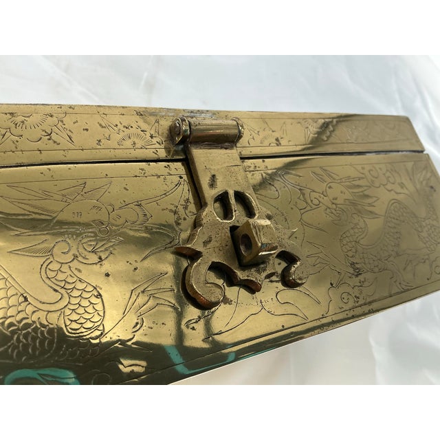 Brass Antique Chinese Brass Dragon Engraved Jewelry or Document Box For Sale - Image 8 of 12