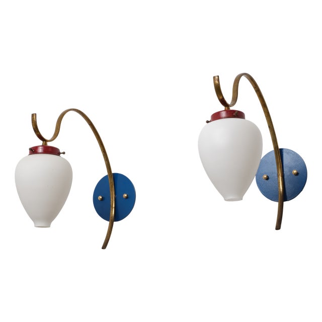 Italian Brass, Blue and Red Metal and Opaline Glass Sconces, 1950s, Set of 2 For Sale