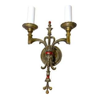 Antique Ornate Empire Style Dual Arm Gilded Bronze Brass Wall Sconce Fixture For Sale