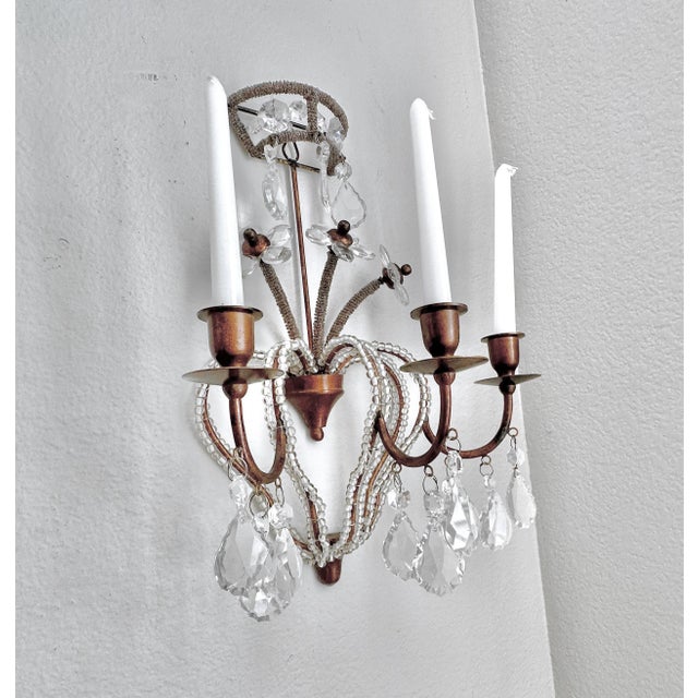 Glass Pair of Bagues Style Crystal Beaded Candle Wall Sconces For Sale - Image 7 of 16