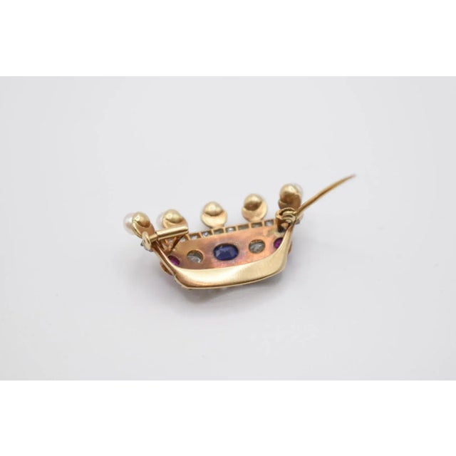Antique Pearl, Ruby, Sapphire and Diamond Crown Brooch For Sale In Wichita - Image 6 of 9