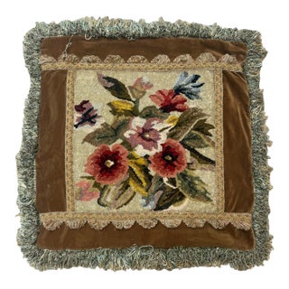 Vintage Savonnerie-Style Rug Cushion Cover, Floral, Brown Velvet & Fringe, 18"x18" For Sale