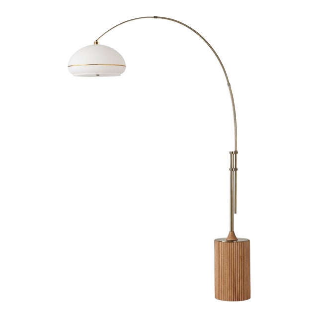 1980s Mid-Century Modern 92" Nova of California Morelli Adjustable Brass Floor Lamps - Arc Lamp Natural Ash Base Lucite Shade Dimmable Led Bulb For Sale