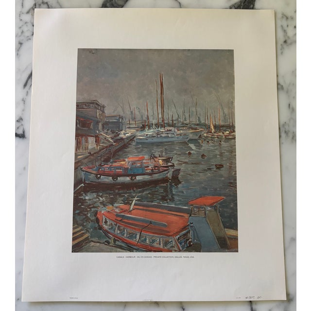 Vintage lithographic reproduction of an atmospheric marina scene depicting sailboats rendered in a palette of muted blues,...