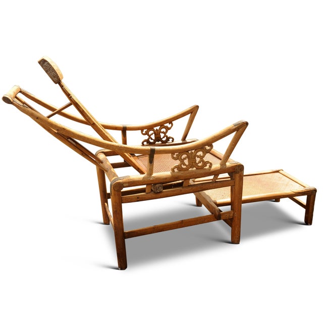 Victorian Wishbone Bamboo & Cane Reclining Armchairs with Pull Out Ottoman, Set of 2 For Sale - Image 6 of 14