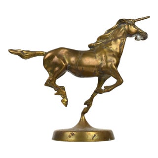 Mid 20th Century Tall Solid Brass Running Unicorn Horse Figurine For Sale