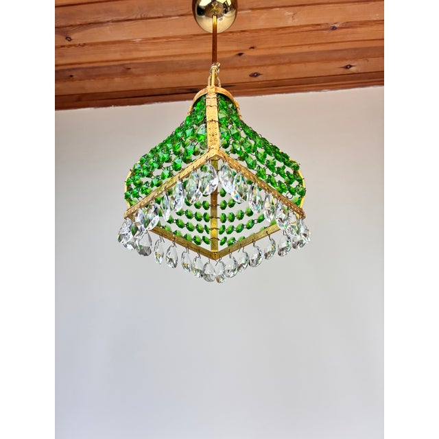 Pair Match 1960s Mosque Chandelier – Emerald Green Crystal Brass Pendant Light For Sale - Image 12 of 13