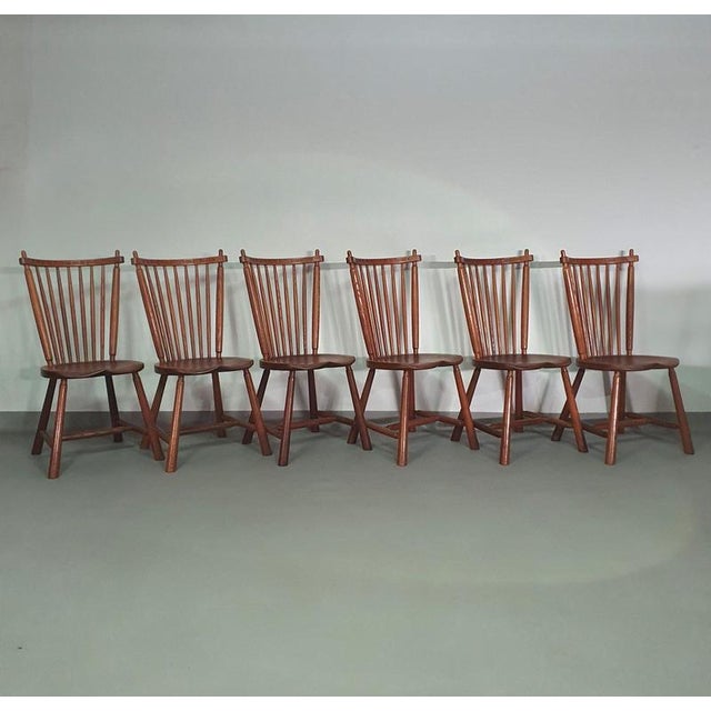 Spindle Back Dining Chairs in Oak from De Ster Geldermalsen with Carved Backrests, 1960s, Set of 6 For Sale - Image 3 of 18