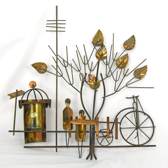 Mid-Century Modern Vintage Enesco 3d Metal Wall Art Cityscape Bicycle, People, Advertising Column and Tree 1974 For Sale - Image 3 of 8