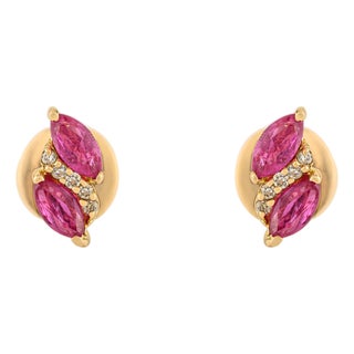 14k Yellow Gold Marquise Cut Natural Ruby & Diamond Cluster Stud Earrings- 2 Pieces For Sale