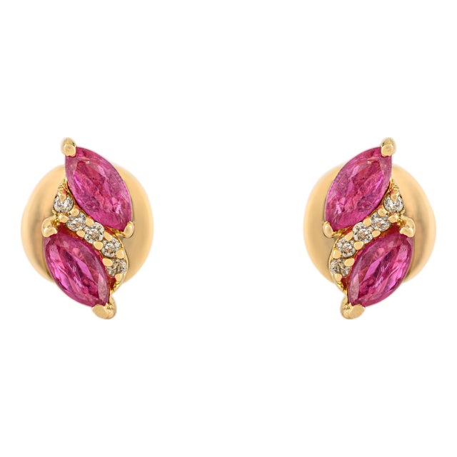14k Yellow Gold Marquise Cut Natural Ruby & Diamond Cluster Stud Earrings- 2 Pieces For Sale